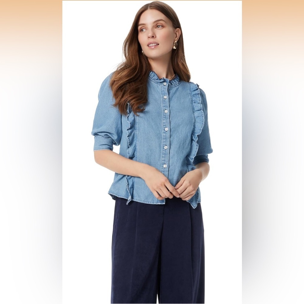 Women's Alice Ruffled Button Down Front Shirt with Puff Elbow Sleeves Standard M